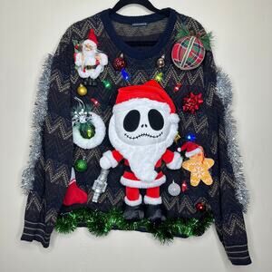 Ugly Christmas Sweater Jack Skellington LIGHTS UP Tinsel Xmas Party Winner Sz XL